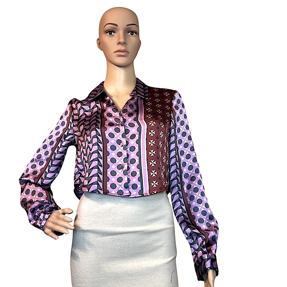 House of Harlow 1960 Size S NWT Purple Blue Long Sleeve Crop Blouse (0181) - Picture 2 of 10